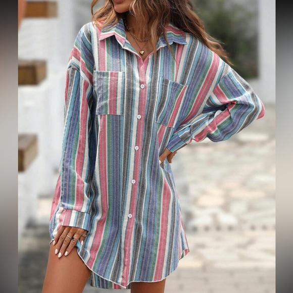 Colorful Striped Print Button Down Shirt Dress WITHOUT BELT - Picture 7 of 9